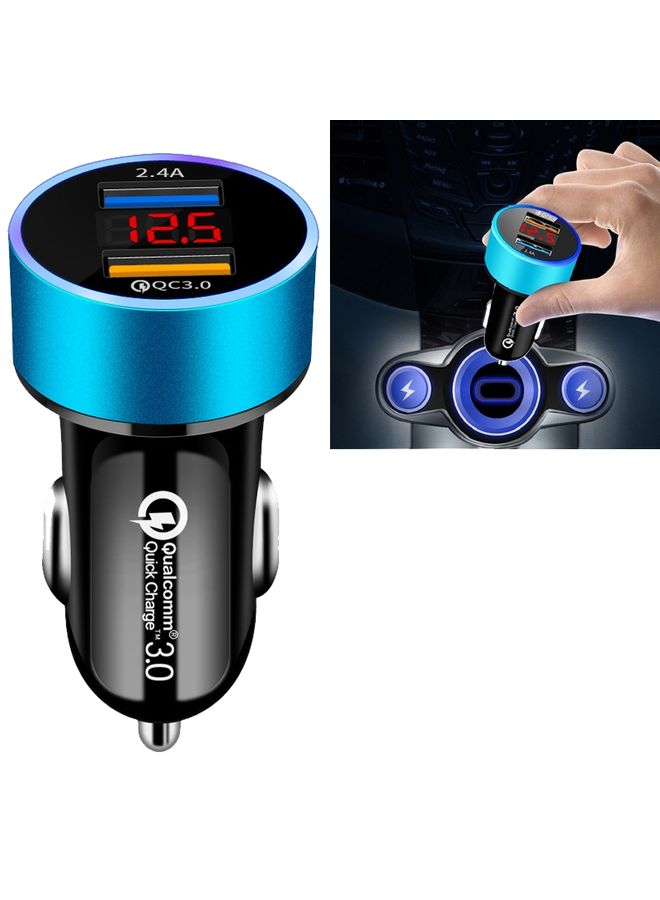 HuHa 2 PCS Aluminum Ring Display Car Charger  QC3.0+2.4A Aluminum Alloy Multi-function Halo Digital Display Car Charger(Sapphire Blue)  - Image 1
