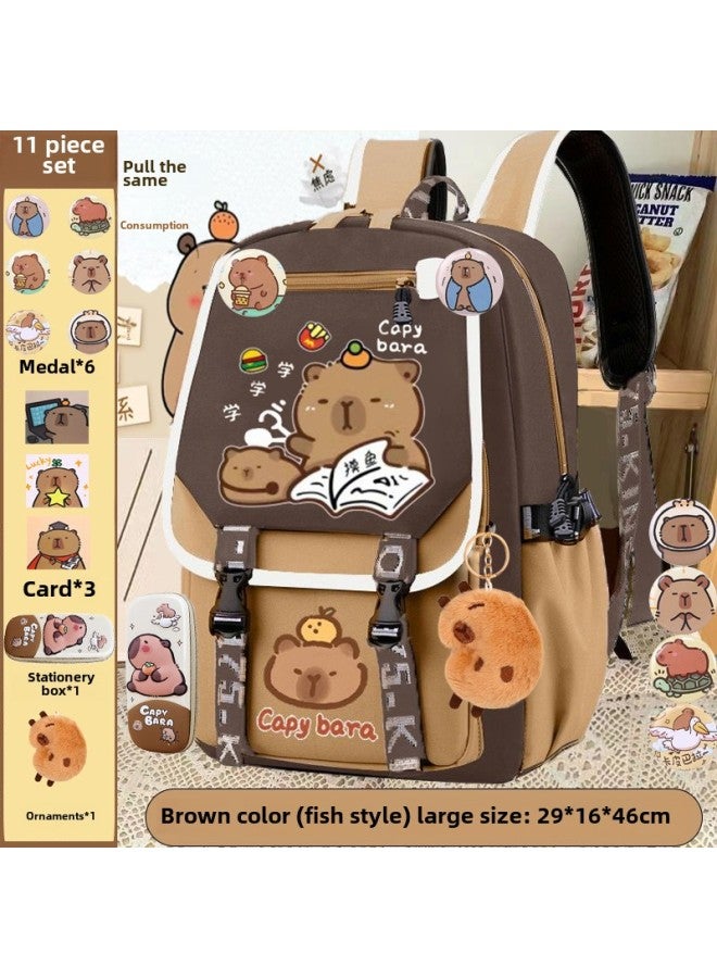 Children's Schoolbag Kabibala Large Capacity Brown Light Capybara Backpack For Boys And Girls-Color:Brown Horizontal Zipper Model In Learning [capibala] Large Size-Size:Schoolbag + 10-piece Set  - Image 5