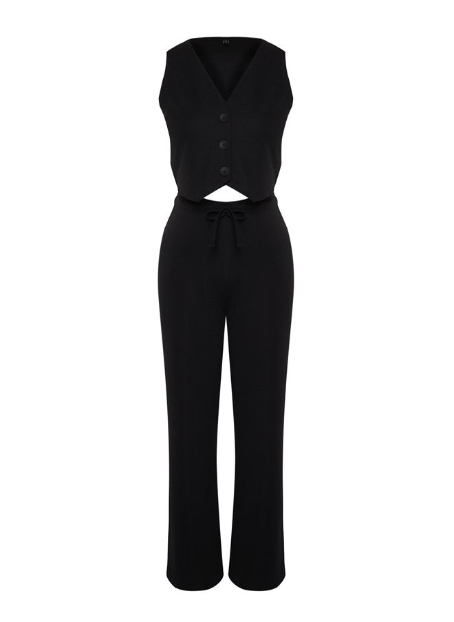 trendyol - Black Buttoned V Neck Wide Leg Knitted Vest/Pants Top-Bottom Set TWOSS24AU00017 - Image 1
