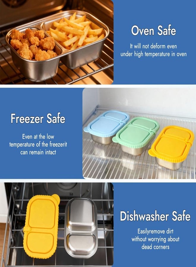 YQL 3 Pack Stainless Steel Food Containers with Colorful Silicone Lids - 2-Compartment Leakproof Lunch Snack Boxes for Meal Prep, Office, Travel, Camping - Reusable Bento Storage Set - Image 5