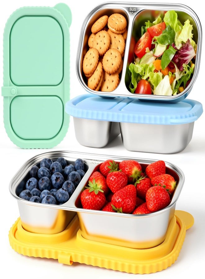 YQL 3 Pack Stainless Steel Food Containers with Colorful Silicone Lids - 2-Compartment Leakproof Lunch Snack Boxes for Meal Prep, Office, Travel, Camping - Reusable Bento Storage Set - Image 1