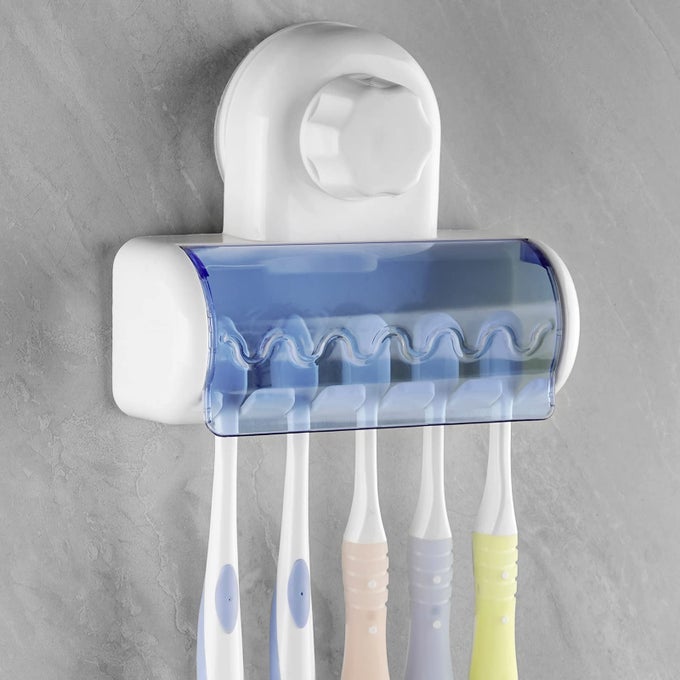1 PCS SELF ADHESIVE TOOTHBRUSH HOLDER WITH COVER FOR BATHROOM 5SLOT WALL MOUNTED TOOTHBRUSH ORGANIZER RACK FOR SHOWER DORM CABINET