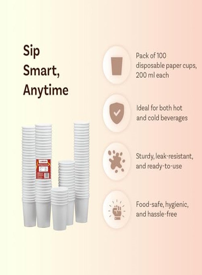 Careswipe Paper Cups 100 Pcs, Disposable Cups, 200 ML Hot & Cold Beverage Tea, Cofee, Water Cups for Parties, Events, Offices, and Homes, White - Image 3