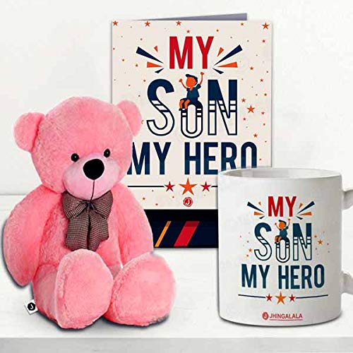 Jhingalala Jhingalala Gift for Son Teddy Bear with My Son My Hero Printed Coffee Mug and Greeting Card Combo Gifts for Son Birthday Special