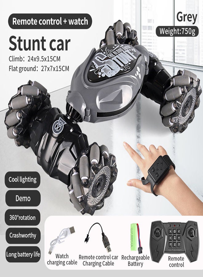 AROAQ Grey Remote Control Stunt Car 4WD Stunt Gesture Induction Twisting Off Road 360 Rotation Vehicle Cool Light Music Drift Traverse Remote Control and Watch Dancing Side Driving Toy  - Image 1