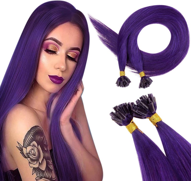 RUNATURE U Tip Hair Extensions Purple Human Hair Keratin Hair Extensions Purple U Tipped Extensions Real Human Hair Purple 18 Inch 25Gram