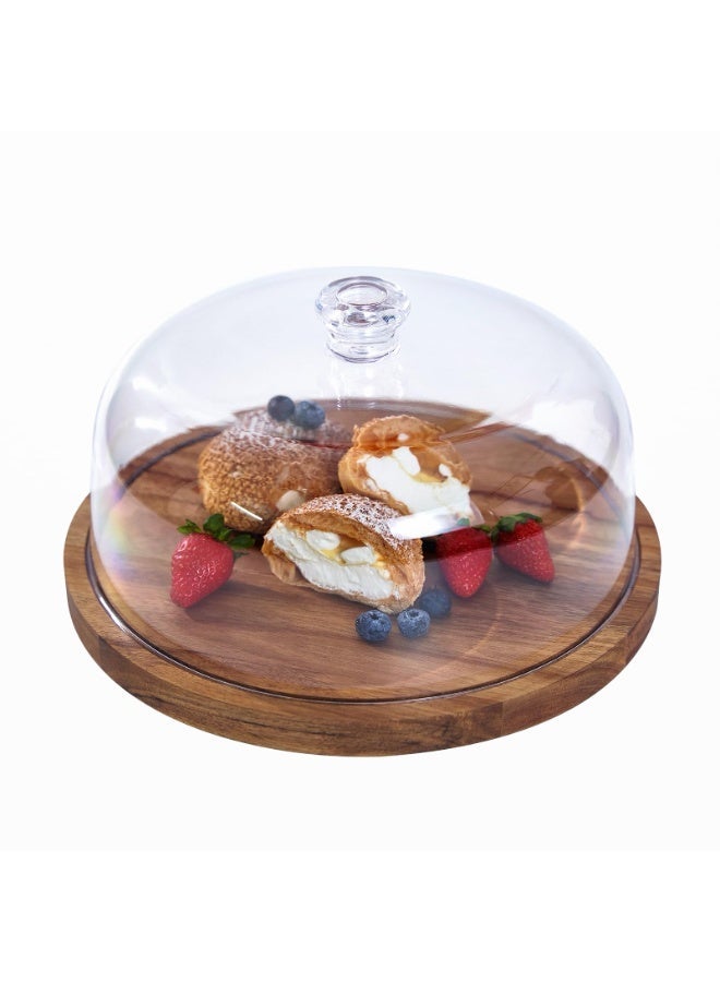 سولاكان قاعدة كعك خشب الأكاسيا مع غطاء زجاجي، ‎29×29×13 سم‎، حامل كعك دائري للحلويات والمعجنات والكب كيك والفواكه والجبن - Image 1