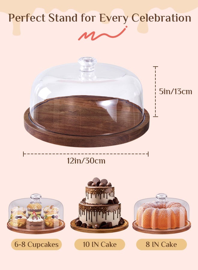Solerconm Acacia Wood Cake Stand with Glass Cover, 29x29x13 cm, Round Dessert Display for Cake, Pastry, Cupcakes, Fruits, and Cheese - Image 2