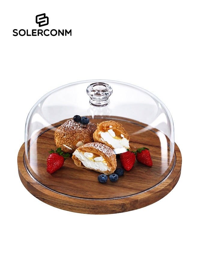 Solerconm Acacia Wood Cake Stand with Glass Cover, 29x29x13 cm, Round Dessert Display for Cake, Pastry, Cupcakes, Fruits, and Cheese - Image 1