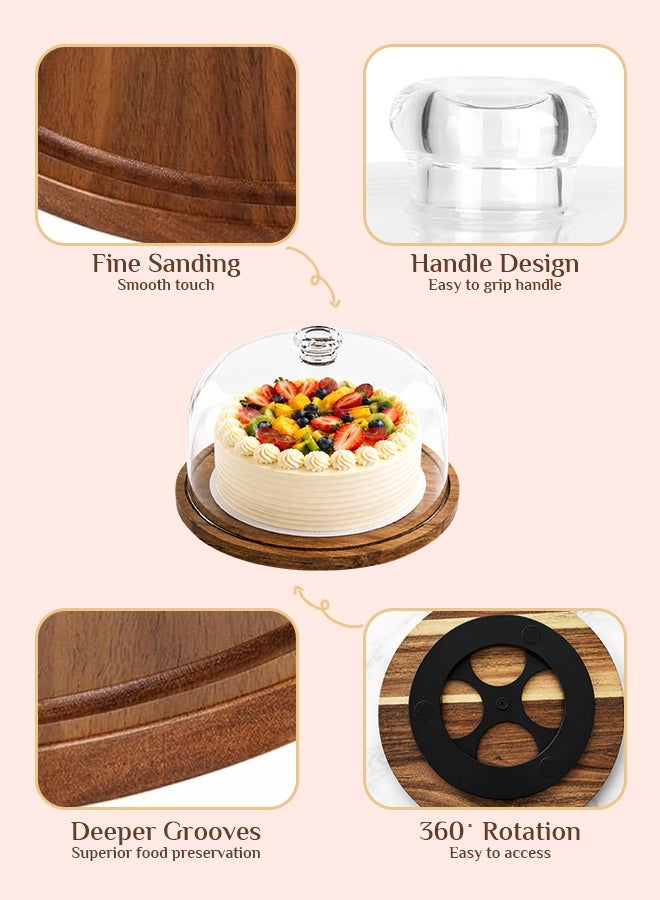 Solerconm Acacia Wood Cake Stand with Glass Cover, 29x29x13 cm, Round Dessert Display for Cake, Pastry, Cupcakes, Fruits, and Cheese - Image 3