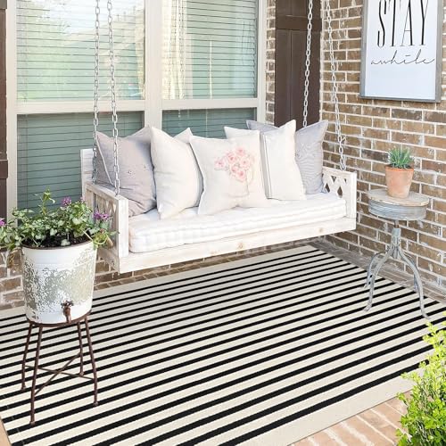 KOZYFLY Black and Beige Striped Rug 4x6 Ft Area Rug Washable Indoor Outdoor Rug Cotton Door Mat for Double Front Door Entryway Patio Porch Living Room Carpet - Image 2