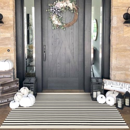 KOZYFLY Black and Beige Striped Rug 4x6 Ft Area Rug Washable Indoor Outdoor Rug Cotton Door Mat for Double Front Door Entryway Patio Porch Living Room Carpet - Image 1