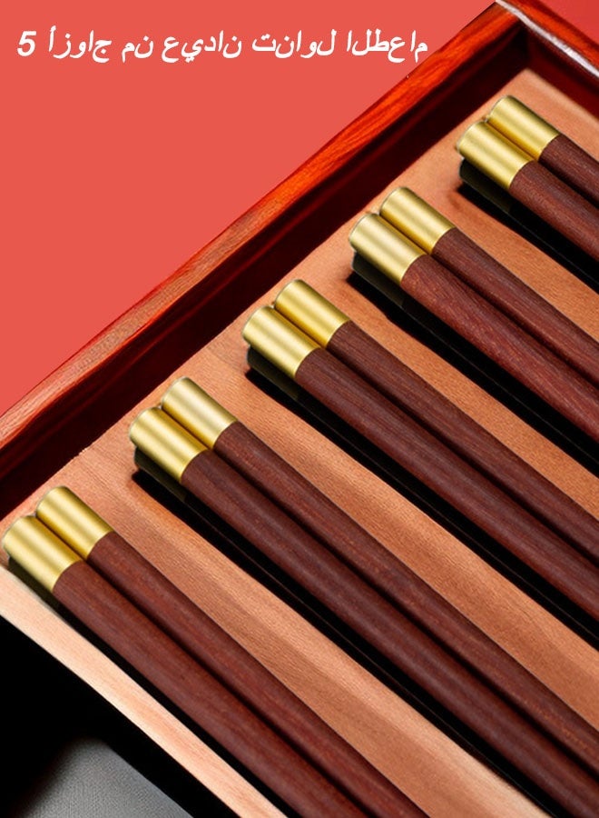 5 pairs Premium Natural Wooden Chopsticks,Reuable Chopsticks Gift Set Dishwasher Safe, Non-Slip Chopstick for Asian Dishes Sushi Rice Noodles, Chopsticks Gift Set with Golden Head Finis  - Image 2