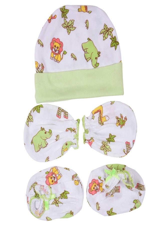 Mummamia New born Essentials Pack of Mittens, Booties and Cap in Pure Cotton (GREEN+PINK (PO3)) - Image 1