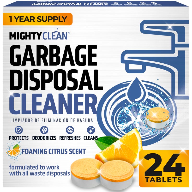 MIGHTY CLEAN Garbage Disposal Cleaner And Deodorizer Tablets 24 Pack 1 Year Supply Kitchen Sink Cleaner And Deodorizer Septic Safe Foaming Cleaner Lemon Scent Removes OdorCausing Residues
