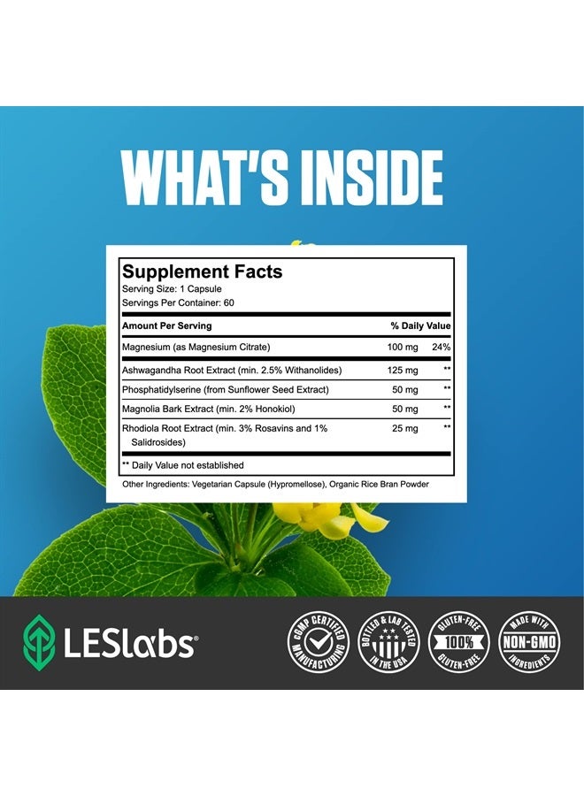 LES Labs صحة الكورتيزول – تخفيف التوتر، استجابة متوازنة للكورتيزول، استرخاء ونوم عميق – فوسفاتيديل سيرين، مغنيسيوم، لحاء ماغنوليا، روديولا روزيا وأشواغاندا – غير معدلة وراثيًا – 60 كبسولة - Image 4