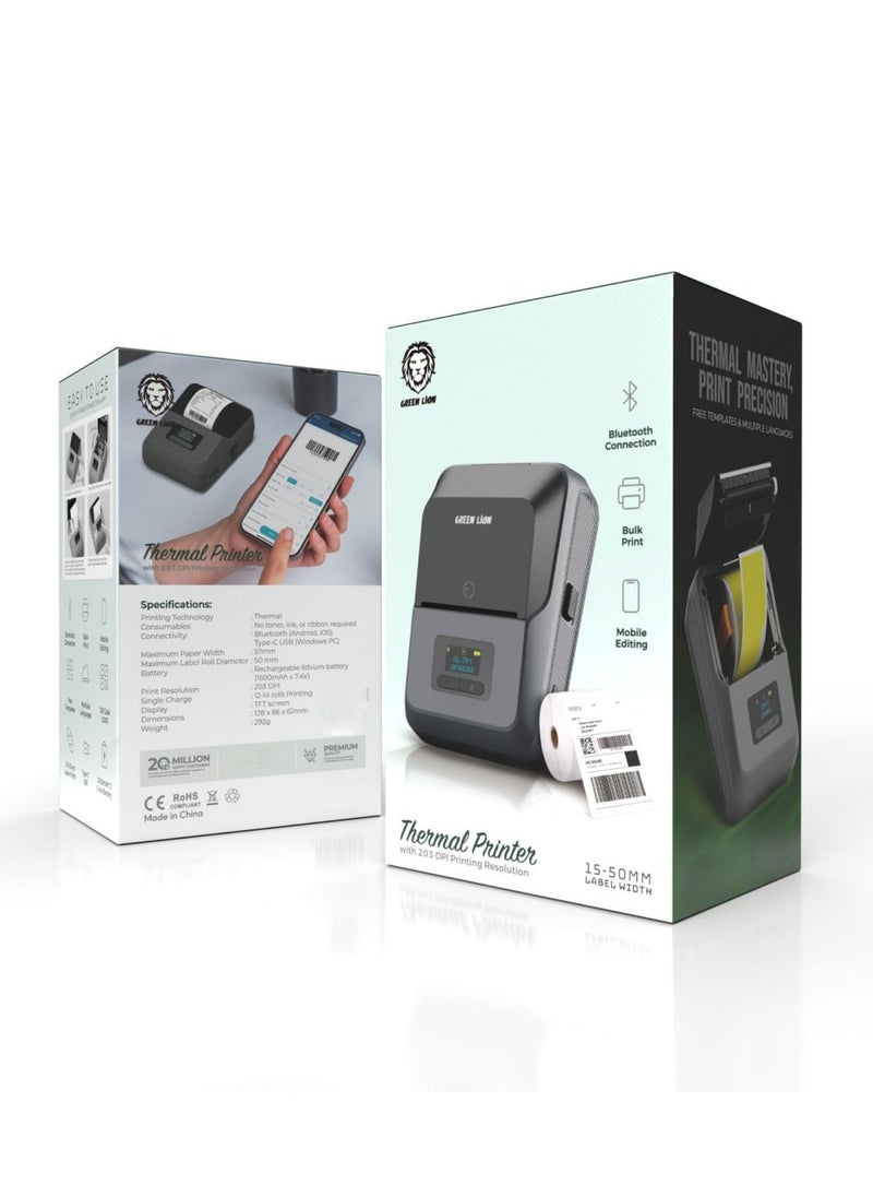 GREEN LION - Thermal Printer With 203 DPI Printing Resolution / 15-50mm Label Width / Bluetooth & Type-C Connection / Bulk Printer / Mobile Editing / TFT Screen Display - Grey - Image 1
