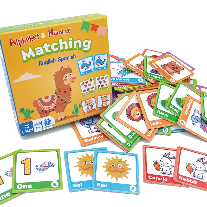 EDUMAETRIX 72 36 Pairs Spanish English Bilingual Alphabet Numbers Memory Matching Game Language Learning Games for ESL and Language Immersion for Teens - Image 3