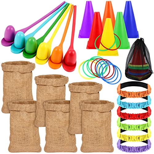 Sumind 40 Pcs Outdoor Games Burlap Potato Sack Race Bags Field Day Games Legged Race Bands Egg and Spoon Outdoor Picnic Carnival Lawn Backyard Activities for Adults Kids - Image 1