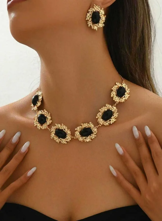 Take Two Take Two Black Stone Necklace and Earrings Jewelry Set