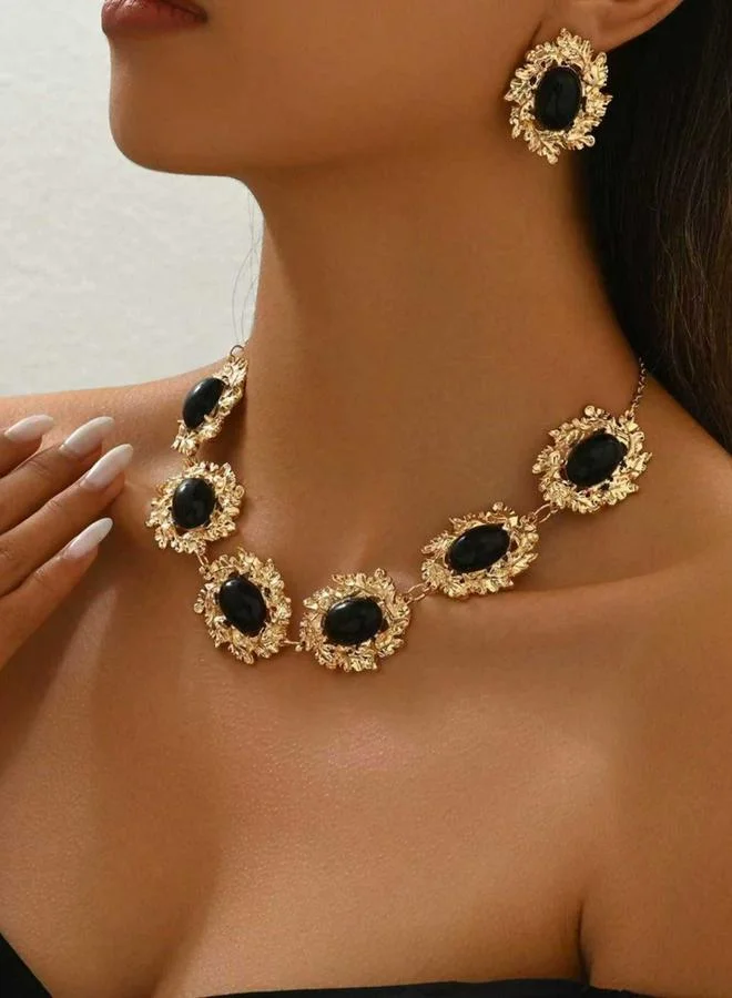 Take Two Take Two Black Stone Necklace and Earrings Jewelry Set