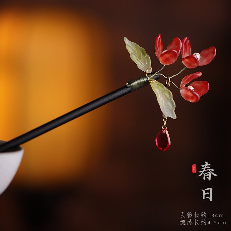Generic Han clothing accessories ancient style hairpin step shake tassel wooden hairpin female imitation Ebony headdress updo ancient costume hairpin pull hair Spring (C108 red)
