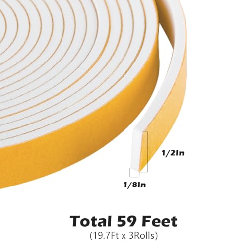 ToLanbbt Adhesive Foam Tape 59 Feet, Soundproofing Neoprene Rubber Tape Door Insulation Weather Weatherproof Stripping, 1/2" Wide X 1/8" Thick, 19.7 Ft X 3 Rolls - Image 2
