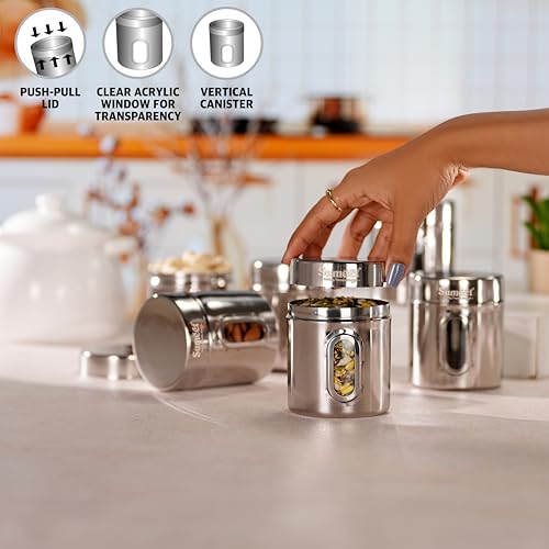 Sumeet Stainless Steel Small Containers/Jars/Dabba for Kitchen Storage with See Through Window - set of 6Pcs, 310ml capacity each, 7.3cm Dia, Silver - Image 2