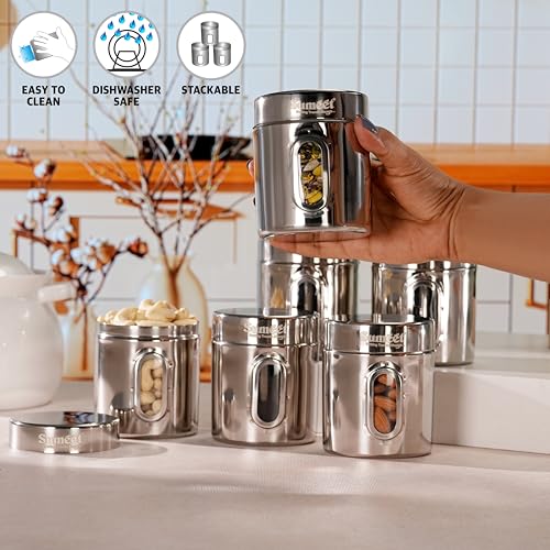 Sumeet Stainless Steel Small Containers/Jars/Dabba for Kitchen Storage with See Through Window - set of 6Pcs, 310ml capacity each, 7.3cm Dia, Silver - Image 3