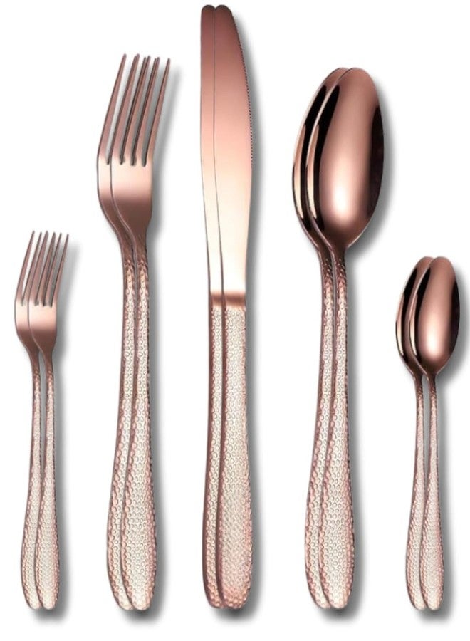 Eletree Stainless Steel Flatware Set | Hammered Handle Cutlery with Salad Forks Dinner Forks Tea Spoons Dinner Spoons and Knives | Dishwasher Safe Tableware for Home and Restaurant (10, Rosegold) - Image 1