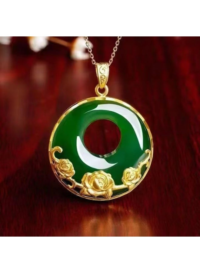 Akali Luxury Green Jade Gold-Plated Pendant Necklace with Rose Flower Design – Elegant Harmony Jewelry for Women - Image 4