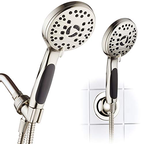 AquaSpa High Pressure 6-setting Luxury Handheld Shower Head – 6 Foot Stainless Steel Hose – Anti Clog Jets – Anti Slip Grip – All Brushed Nickel Finish – Top US Brand – Includes Extra Wall Bracket - Image 1
