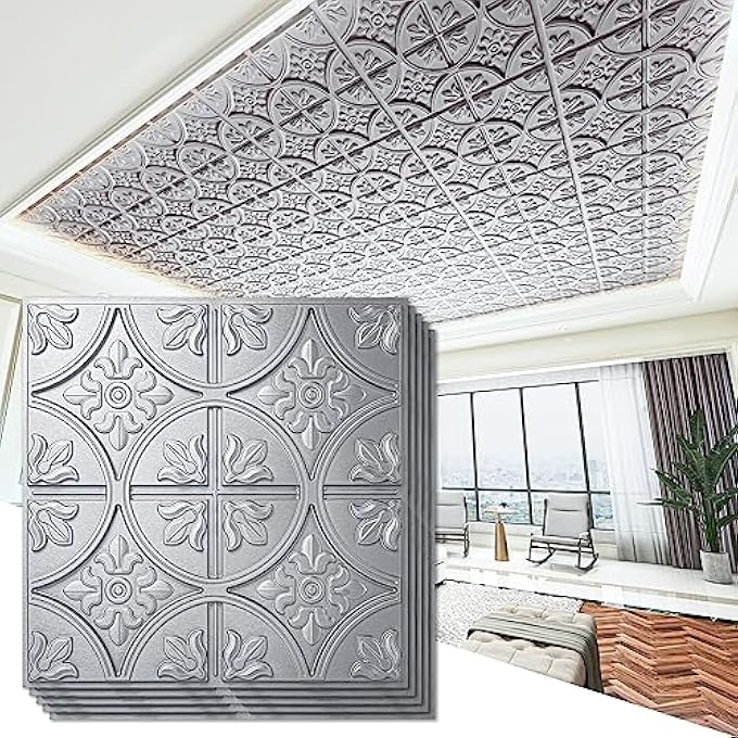 DROP CEILING TILES 2X2, GLUE-UP CEILING PANEL, FANCY CLASSIC STYLE, ARGENT SILVER
