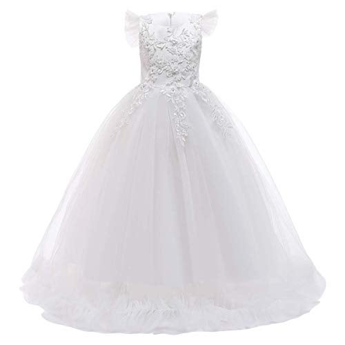 IWEMEK Big Little Girl Princess Embroidery Flower Lace Long A Line Pageant Dress Kids Floor Length Prom First Holy Communion Bowknot Dress Puffy Tulle Maxi Ball Gown for Wedding Party Birthday White 5-6 - Image 1