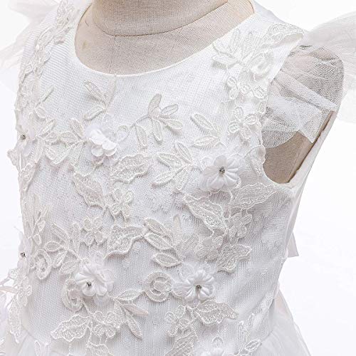 IWEMEK Big Little Girl Princess Embroidery Flower Lace Long A Line Pageant Dress Kids Floor Length Prom First Holy Communion Bowknot Dress Puffy Tulle Maxi Ball Gown for Wedding Party Birthday White 5-6 - Image 4