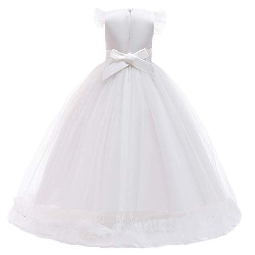 IWEMEK Big Little Girl Princess Embroidery Flower Lace Long A Line Pageant Dress Kids Floor Length Prom First Holy Communion Bowknot Dress Puffy Tulle Maxi Ball Gown for Wedding Party Birthday White 5-6 - Image 3