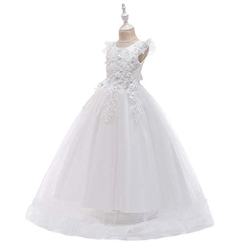 IWEMEK Big Little Girl Princess Embroidery Flower Lace Long A Line Pageant Dress Kids Floor Length Prom First Holy Communion Bowknot Dress Puffy Tulle Maxi Ball Gown for Wedding Party Birthday White 5-6 - Image 2