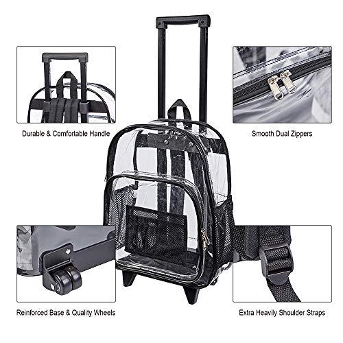 COVAX Rolling Clear Backpack, Heavy Duty See Through Bookbag, Transparent PVC Cold-resistant Backpack with Wheels (Black) - Image 5