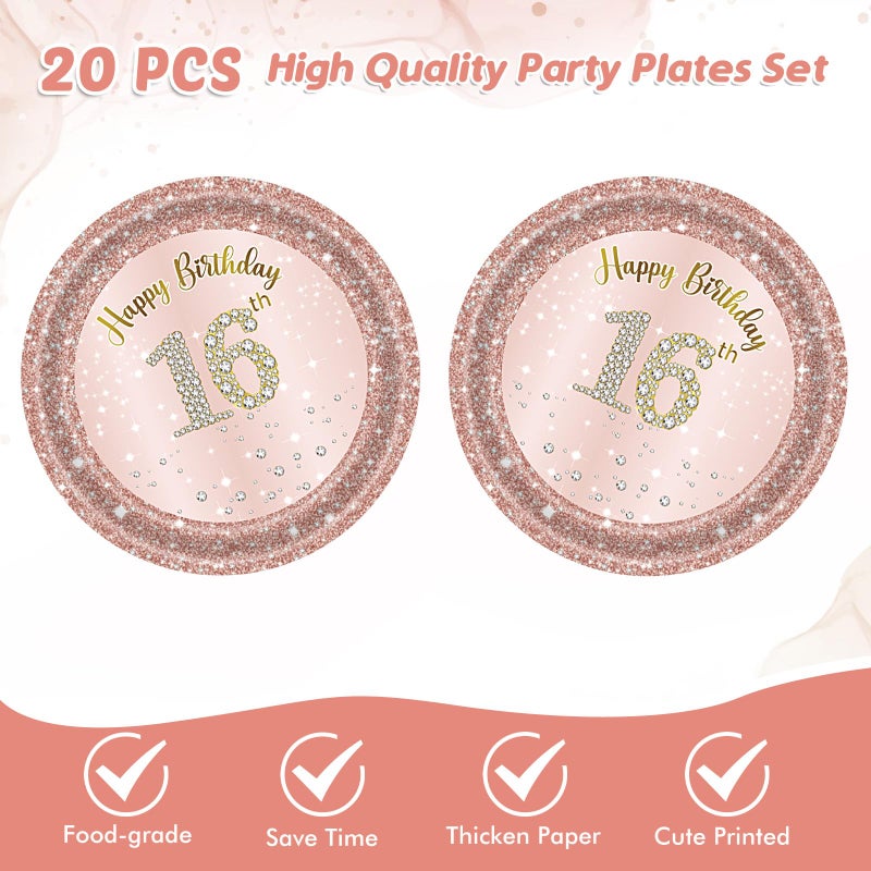 Juhap 16th Birthday Party Decorations for Girls Pink Rose Gold Theme Birth Supplies Include 20 Plates 20 Napkins Sweet Sixteen Years Old Birthday Party Tableware for Girls Kids Children - Image 3