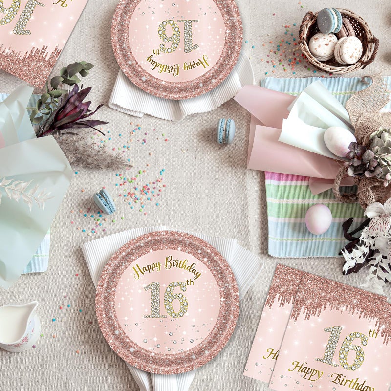Juhap 16th Birthday Party Decorations for Girls Pink Rose Gold Theme Birth Supplies Include 20 Plates 20 Napkins Sweet Sixteen Years Old Birthday Party Tableware for Girls Kids Children - Image 5