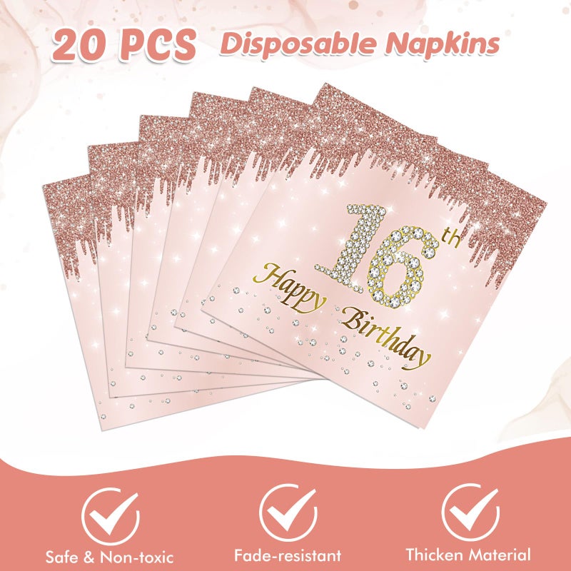 Juhap 16th Birthday Party Decorations for Girls Pink Rose Gold Theme Birth Supplies Include 20 Plates 20 Napkins Sweet Sixteen Years Old Birthday Party Tableware for Girls Kids Children - Image 4