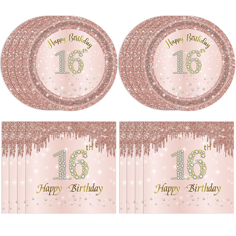 Juhap 16th Birthday Party Decorations for Girls Pink Rose Gold Theme Birth Supplies Include 20 Plates 20 Napkins Sweet Sixteen Years Old Birthday Party Tableware for Girls Kids Children - Image 1