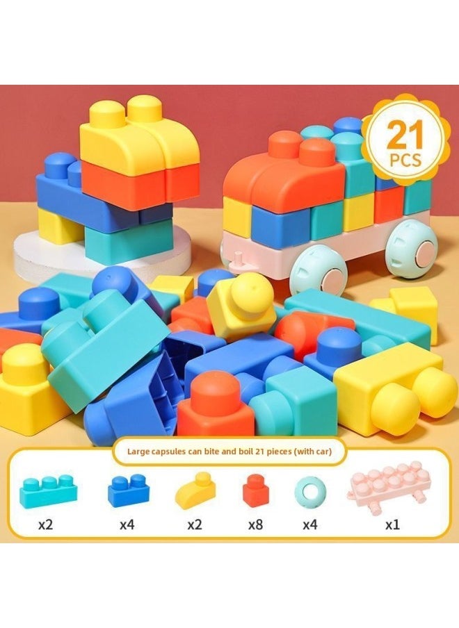 Generic - Soft Building Blocks Babies Can Gnaw Soft Glue Silicone Babies Baby Teeth Glue 6 Months Big Nine Grasp Training 1-Year-Old Early Education-Color:Large Capsules Can Bite And Boil 21 Pieces (with Car) - Image 1