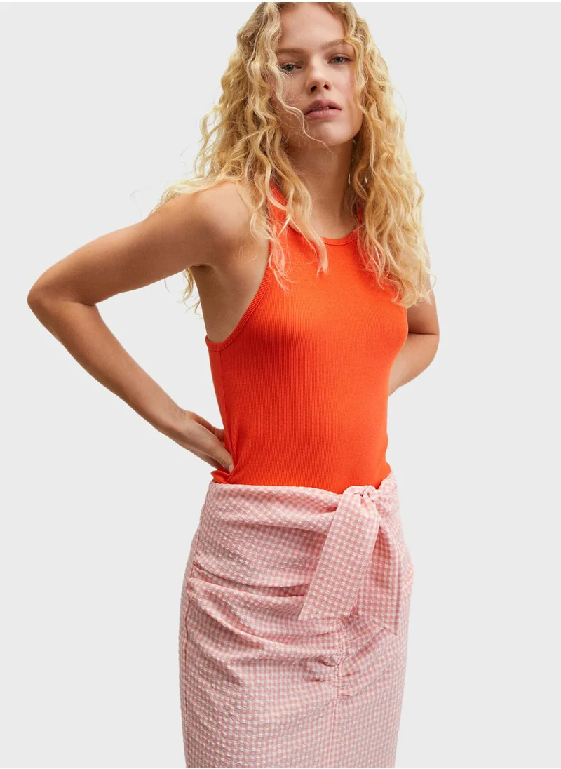 MANGO Checked Front Split Tie Detail Skirt