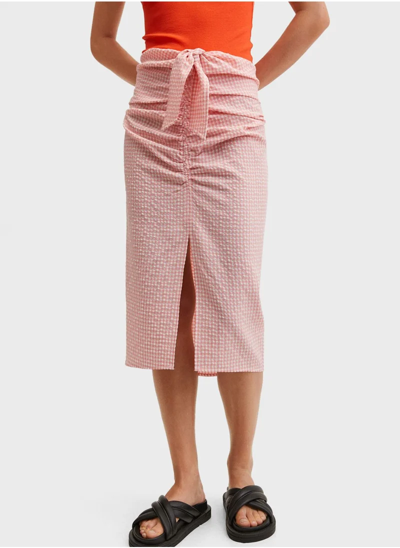 MANGO Checked Front Split Tie Detail Skirt