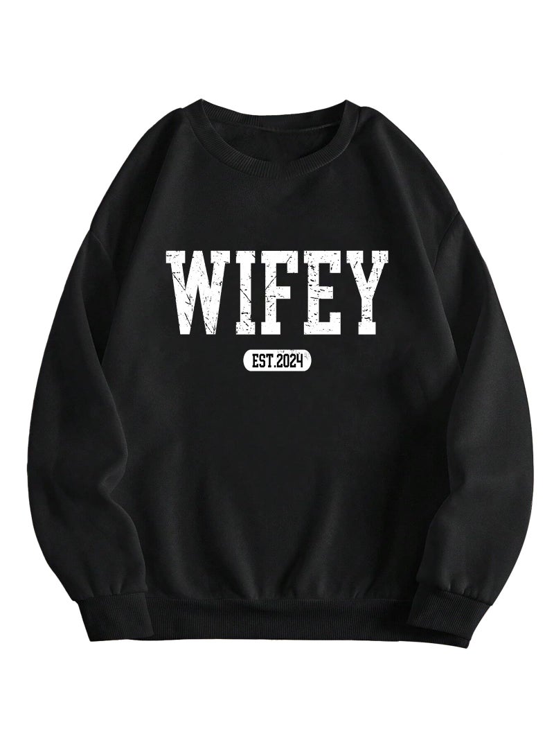 Hilinker Women's Cute Graphic Crewneck Sweatshirts Casual Loose Long Sleeve Pullover Tops Black Wifey Small - Image 1