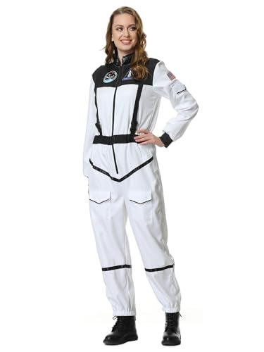 GRAJTCIN Astronaut Costume Adult Space Suit for Women Funny Pilot Uniform Jumpsuit Men Halloween Cosplay Outfit XL White