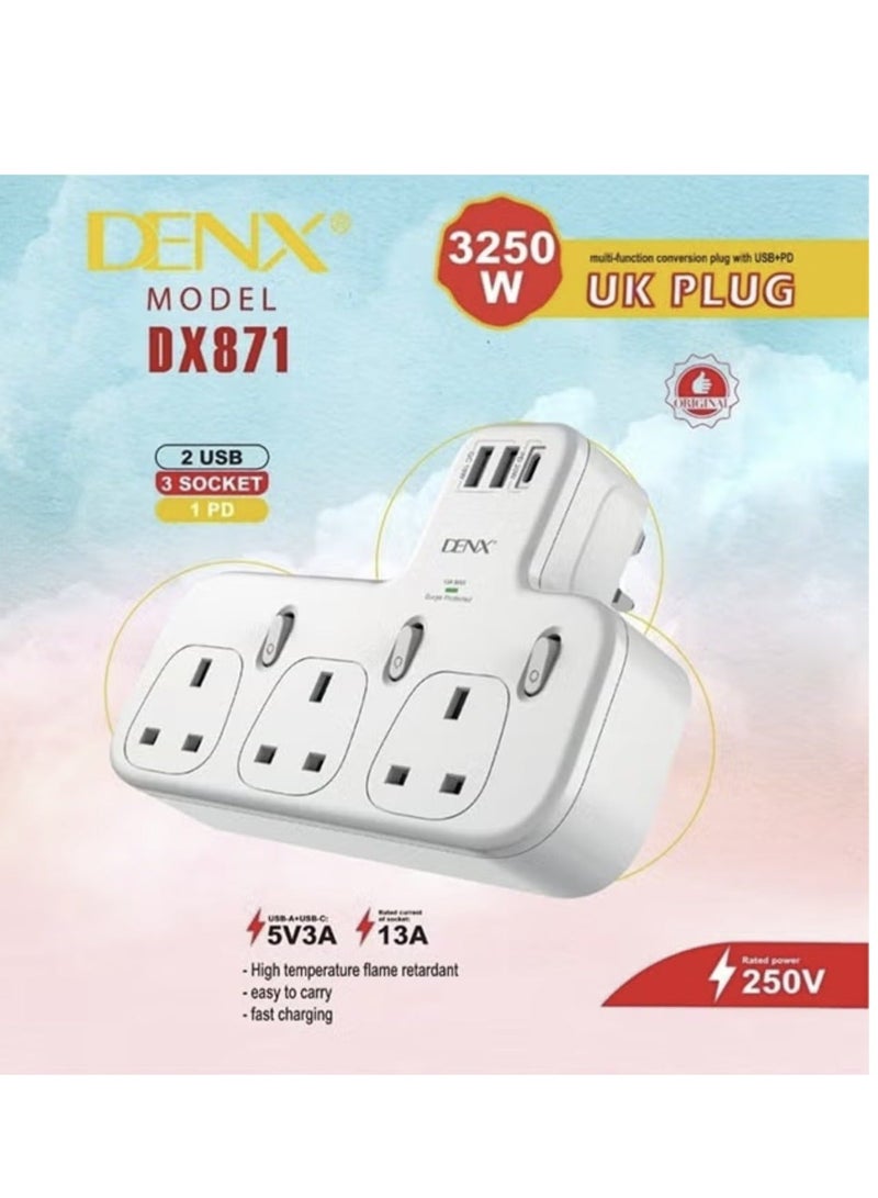 Denx Wall power strip with 3 triple outlets, two USB ports, and a PD port that supports fast charging/DX871 - Image 1