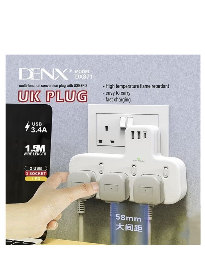 Denx Wall power strip with 3 triple outlets, two USB ports, and a PD port that supports fast charging/DX871 - Image 3