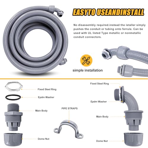 Wocloer 1/2 inch 150 Foot Liquid-Tight Conduit and Connector Kit, Flexible Non Metallic Electrical Conduit, With 10 Straight and 10 Angle Fittings and Pipe Strap - Image 4